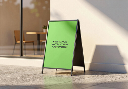 A-frame sign mockup with placeholder panel displayed on a tiled floor outside modern building featuring glass window, interior seating, and natural sunlight, Template