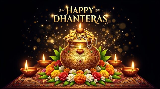 Happy dhanteras festival golden pot of wealth illuminated by diyas surrounded by flowers