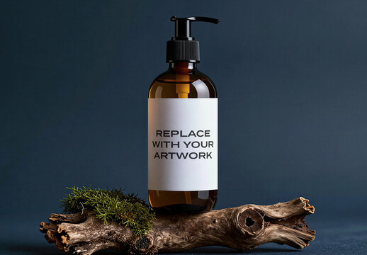 Glass bottle mockup with black pump dispenser placed on a weathered driftwood log surrounded by green foliage, minimalist product presentation dark blue background