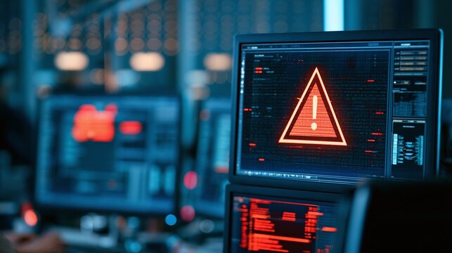 A prominent warning symbol displayed on a computer screen within a sophisticated, dark data center or control room environment, highlighting system alerts and potential cybersecurity threats