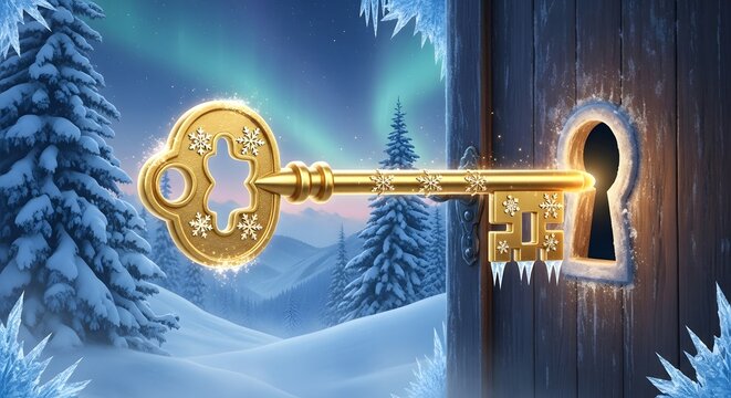 Golden key with snowflakes unlocking a wooden door in a snowy winter landscape with aurora borealis