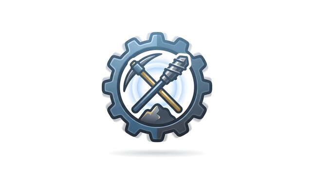 Glossy blue gear-shaped icon featuring a crossed pickaxe and drill bit over a mountain silhouette, symbolizing mining industry operations and engineering. Perfect for mining company logos, industrial 