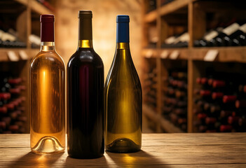 Naklejka premium Wine tasting and cellar experience three bottles of red white and ros wine on a wooden table in a winery