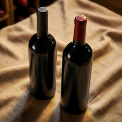 Naklejka premium Wine tasting and fine dining experience, two dark wine bottles on a rustic burlap tablecloth, luxury beverage
