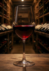 Naklejka premium Wine tasting and cellar experience, red wine glass on a rustic wooden table with blurred bottles