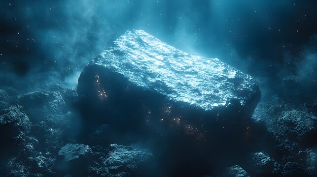 Aerial view of a glowing meteorite fragment illuminated by dramatic spotlight lighting, showcasing intricate textures and colors against dark rocky background with cinematic blue tones.