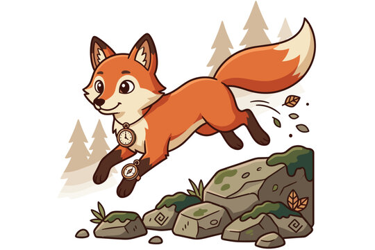 Adventurous cartoon red fox jumping over rocks in forest