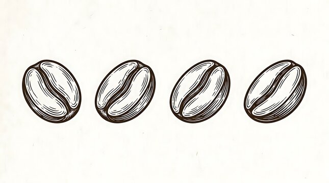 Row of four coffee beans in sketch style.