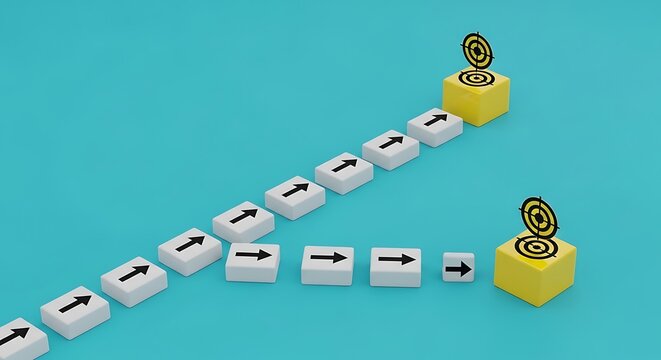 Strategic business path with arrow blocks leading to targets. Decision making concept with split directions. Success and goal achievement.