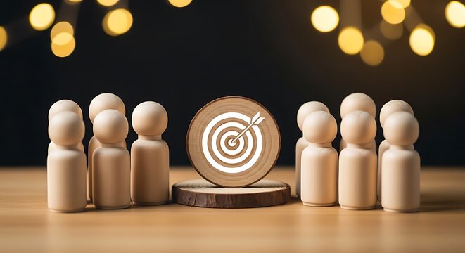 Target audience marketing concept, wooden peg figures surrounding a bullseye icon. Business goal achievement and customer segmentation.