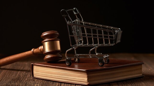 Miniature shopping cart and justice gavel on a classic law book, representing legal aspects of commerce, consumer protection, and online transactions in a professional setting