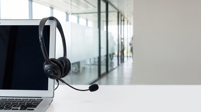 Headset and customer support equipment at call center ready for actively service . Corporate business help desk and telephone assistance concept .