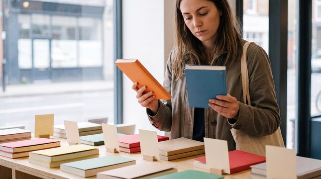 Young woman comparing two hardcover books in a modern bookstore