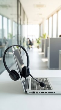 Headset and customer support equipment at call center ready for actively service . Corporate business help desk and telephone assistance concept .