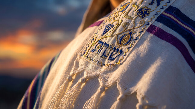 Man wearing prayer shawl during Selichot, Shofar sounding, and Rosh Hashanah celebrations at sunset outdoors