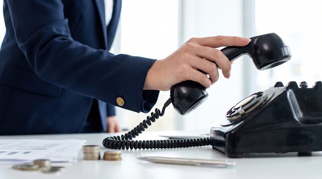 Businesswoman or picking or hanging up handset