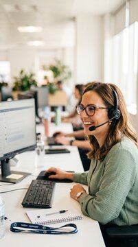 Happy call center woman consulting customer for customer support, help or telemarketing sales. Sales advisor, CRM girl with smile for success customer service, contact us hotline or insurance deal 