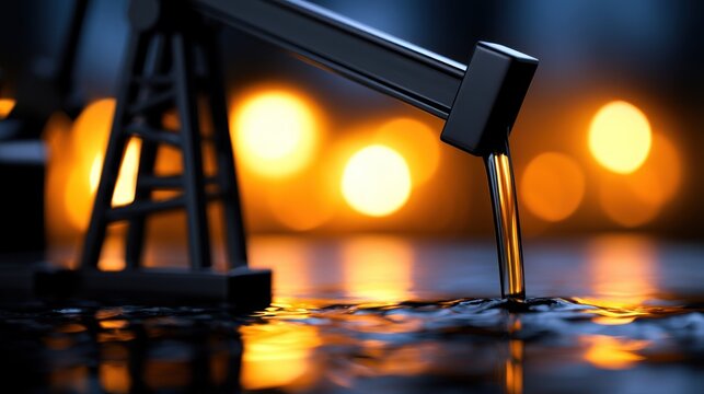 An oil pumpjack extracting resources with blurred orange lights reflecting on the liquid surface