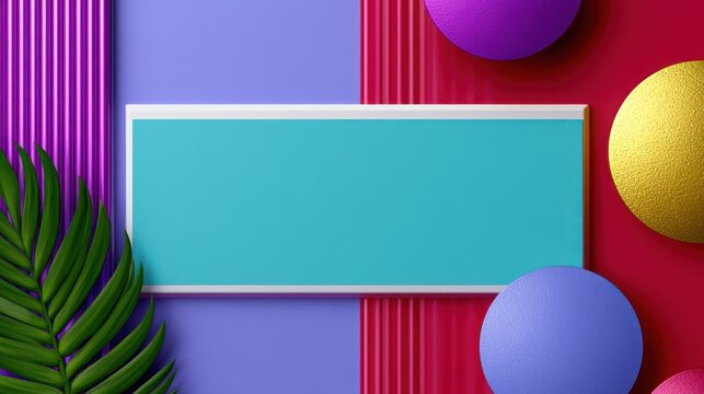 Colorful geometric layout with spheres, stripes, and leaf on a vibrant backdrop