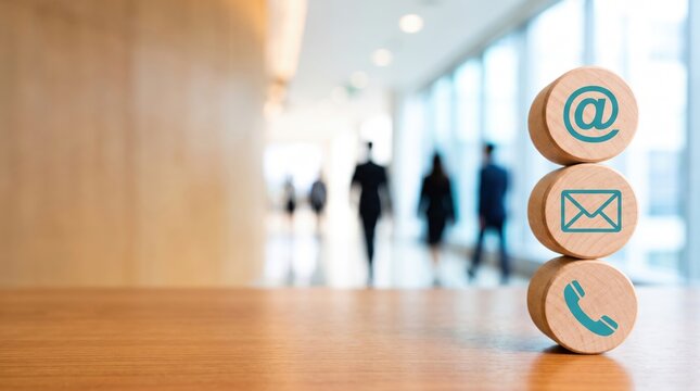 Wooden round telephone, envelope letter and e-mail symbols stacked on wooden table or desk with a blurred office in the background, contact us symbols or banner with copy space
