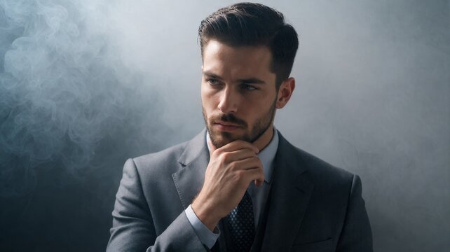 Thoughtful Businessman in Grey Suit Amidst Smoke