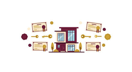 Fototapeta premium Real Estate Property Ownership Illustration with Modern House, Legal Deeds, and Gold Keys