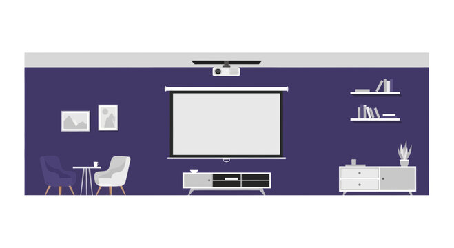 Modern home cinema flat vector illustration with projector, screen, and purple interior.