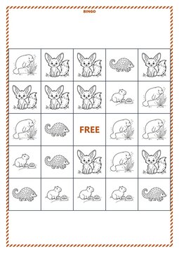 Kids bingo card game template with cute cartoon wild animals for coloring page