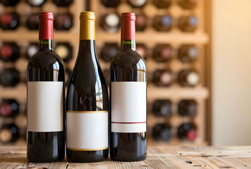 Naklejka premium Wine tasting and cellar storage, three red wine bottles with blank labels on a rustic wooden table in a winery