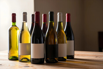 Naklejka premium Wine tasting and selection, various red and white wine bottles with blank labels on a rustic wooden table