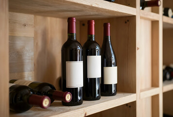 Naklejka premium Wine cellar storage and collection, red wine bottles with blank labels on wooden shelves, tasting and connoisseur