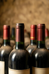 Naklejka premium Wine cellar aging and vintage wine collection, dusty red wine bottles in a traditional underground storage