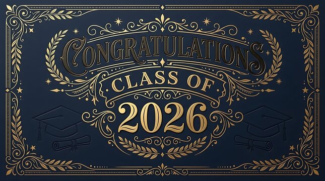 Elegant celebratory graduation announcement for the class of 2026 with ornate gold accents and a classic design