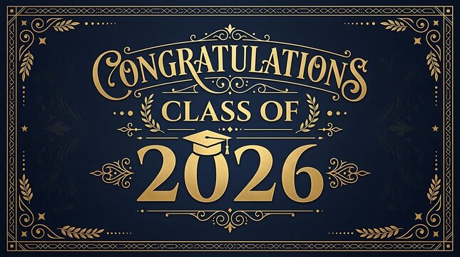 Elegant celebration banner for graduates of the class of 2026 with gold lettering and decorative elements on a dark background