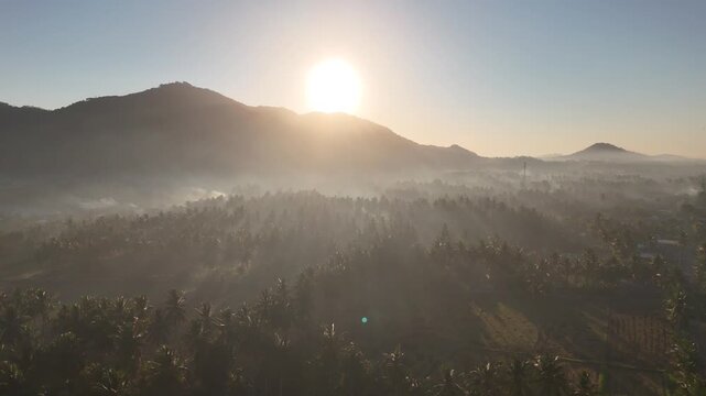 Beautiful golden sunrise over misty rice fields and coconut palm trees with mountain background in Dusun Tempos Desa Banyu Urip Gerung Lombok NTB Indonesia