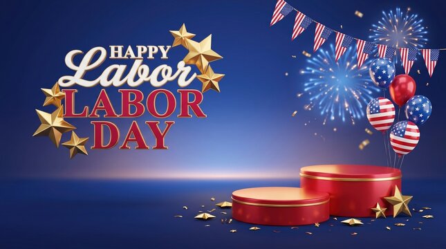 Festive greeting with text &ldquo;Happy Labor Day&rdquo;, gold stars, fireworks, and red white blue balloons. Red and gold podium stands with confetti and bunting flags