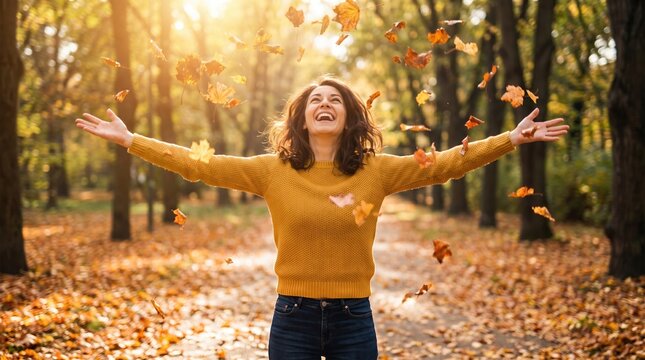 Smiling young woman in a forest clearing, arms outstretched in mustard sweater and jeans, looking up as autumn leaves fall around her in warm sunlight. No text