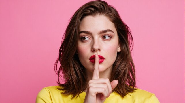 Young Woman Making Shh Gesture with Finger to Lips Against Pink Background