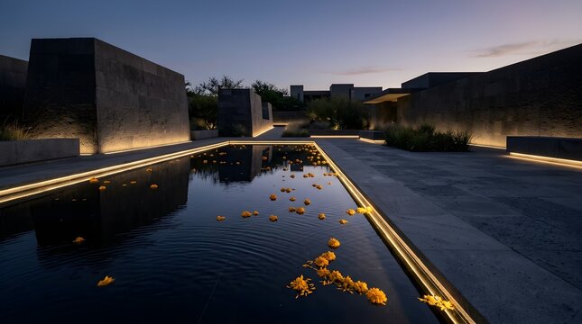Modern Architectural Reflecting Pool with Floating Marigolds and Ambient LED Lighting at Dusk