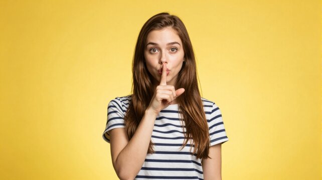 Young Woman Making Quiet Gesture with Finger to Lips Against Yellow Background