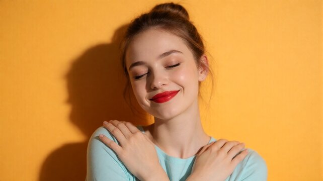 Young Woman Self-Care Hugging Herself with Bright Smile against Yellow Background