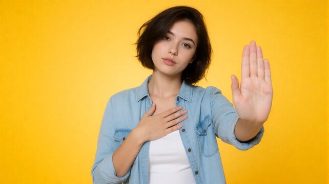 Young Woman Showing Stop Hand Gesture and Promise Oath Pose