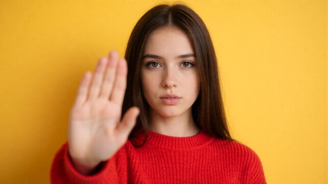 Young Woman Showing Stop Hand Gesture on Yellow Background