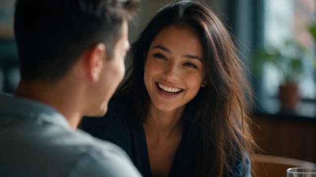 Young Woman Smiling Warmly at Man During Date