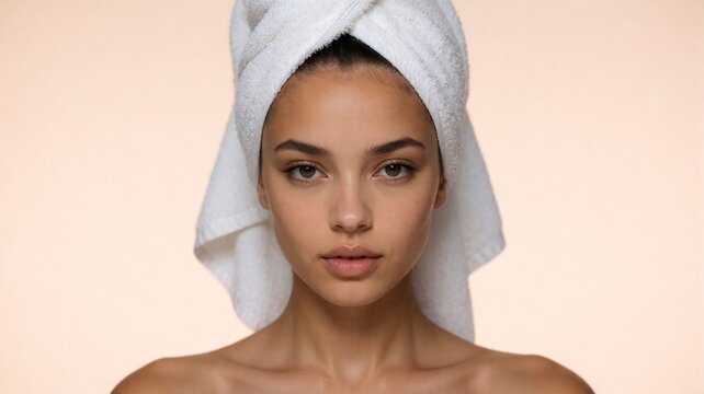 Young Woman with White Towel on Head After Shower