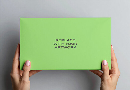 Rectangular packaging mockup held by hands with placeholder text, minimalist product display for branding and graphic design, Template, studio background presentation