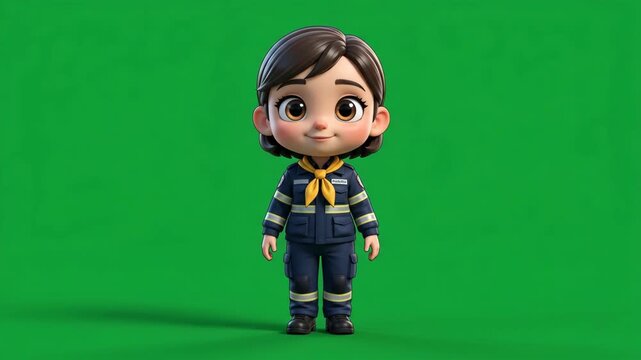 3D cartoon character of a cute female scout or adventurer in uniform, isolated on a green screen background.