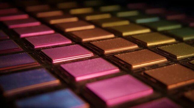 Extreme close up of silicon microchip wafer array with soft pastel metallic reflections during precision semiconductor manufacturing process (AI Generated)