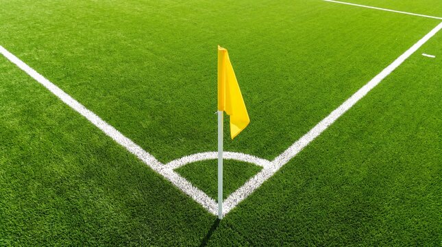 Close-up of a yellow corner flag on a green soccer field with white lines.