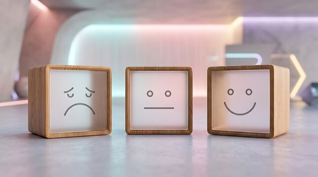 Three wooden cubes displaying minimalist facial expressions representing emotional range and customer feedback metrics in modern space with blurred background ambient